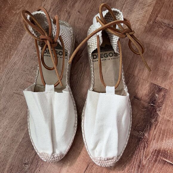 Diegos Ivory flat Carmen Espadrille Sz 8.5 US/39 EU Hand made Spain Leather Tie - Picture 2 of 10